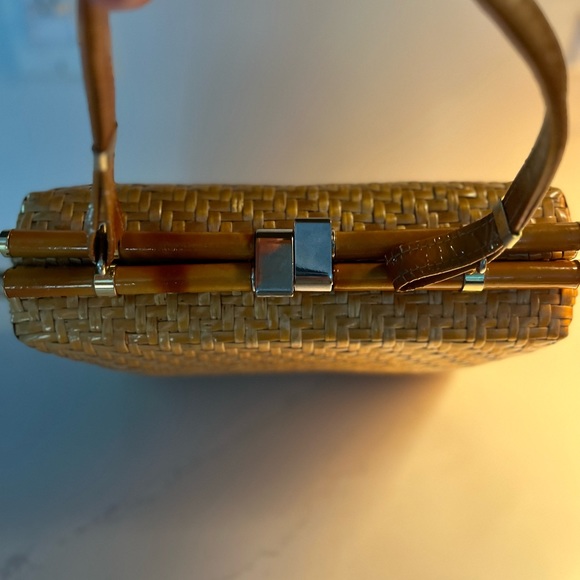 Vintage Woven Rattan Italian Hand bag Boho Chic Bamboo and Leather Handles - Picture 5 of 16